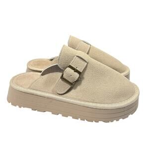 Tan Suede Platform Clogs Buckle Detail Women's Backless Comfort Mules Size 41